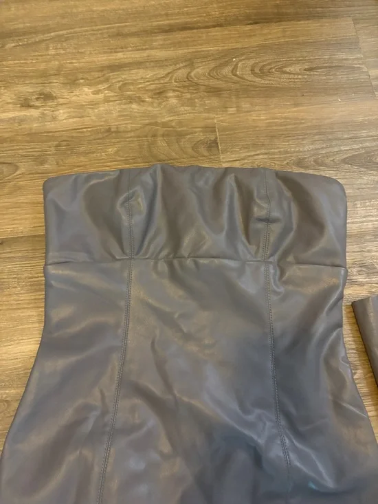 Strapless Faux Leather Mini Dress with Removable Sleeves - Dark Gray - Picture 5 of 6